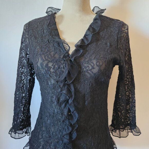 Uniform John Paul Richard Women's Size M Black Sheer Ruffle Lace Faux Button Top - Picture 2 of 13